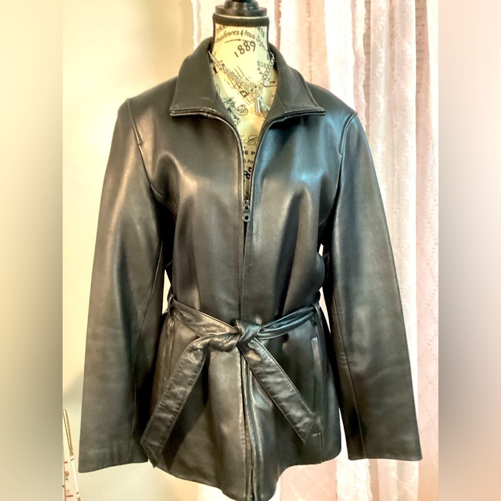 ‼️SOLD‼️EUC-MARC NEW YORK LEATHER BLACK BELTED JACKET SZ LARGE